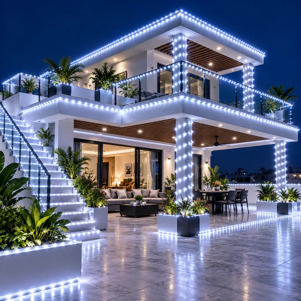 Icy-White LED Luxury Terrace at Blue Hour.webp