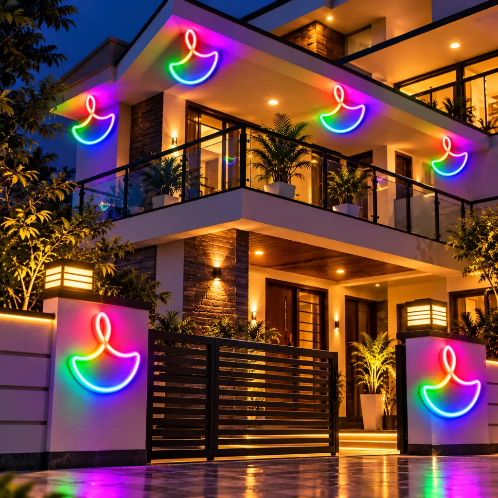 Modern Home with Rainbow Diya Lights.webp