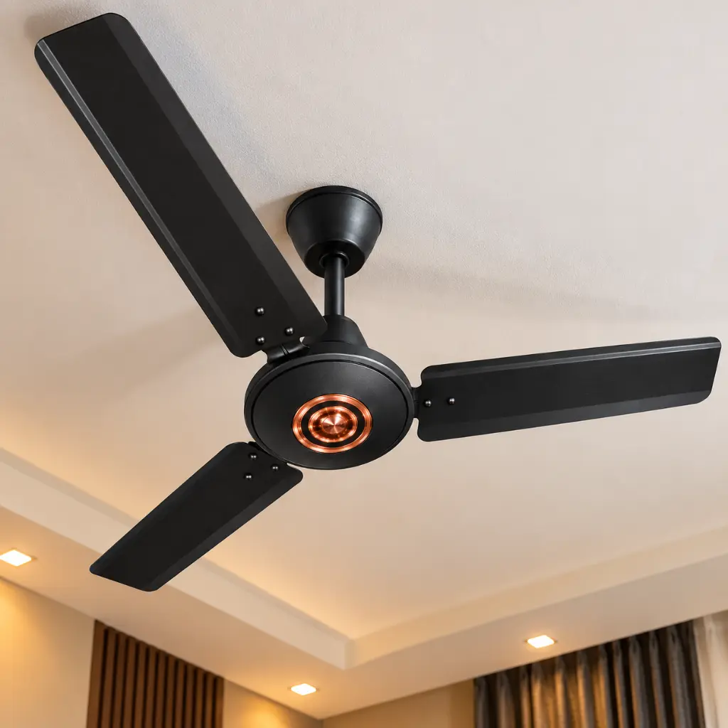 Modern Black Ceiling Fan with Copper Accent.webp